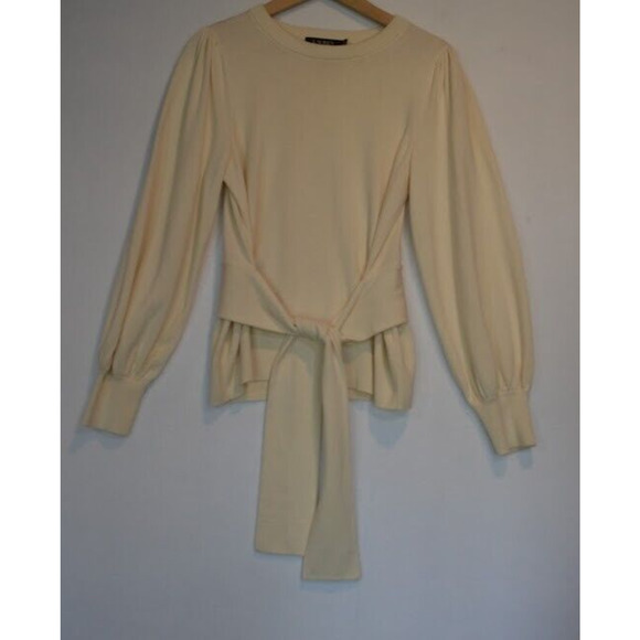 Lauren Ralph Lauren Sweater Womens Medium Ivory Belt Tie Balloon Sleeve Knit - Picture 2 of 11